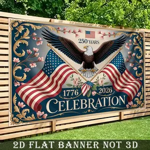 2D Flat Banner Polyester Photography Backdrop, HD Digitally Printed Patriotic American Flag and Eagle Design Background Cloth, featuring "1776-2026 Celebration" text, Soft Lightweight Foldable and Machine Washable for Party Decor,