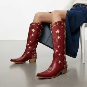 REDTOP Star and Moon Cut-out with Embroidered Cowboy Boots for Women - Soft Material, Classic Western Style, Sturdy Block Heel, Evening Outfits & Concerts Footwear Walking Shoes Girl Decor #TikTokShopBlackFriday#TikTokShopCyberMonday