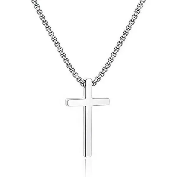 Cross Necklace for Men, Silver Black Gold Stainless Steel Plain Cross Pendant Necklace for Men Box Chain 16-30 Inch