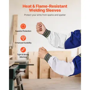 VEVOR Flame Resistant Welding Work Sleeves, Heavy Duty Cowhide Leather FR Cotton Arm Protection Sleeves for Men Women - with Elastic Cuffs for Welding, Blacksmithing, Woodworking