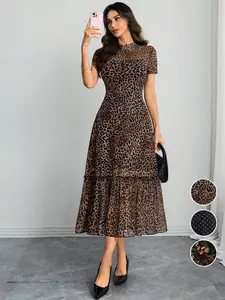 Women's Sexy Leopard Print Elegant Round Neck Mesh Skirt Dress, Stylish Casual Fashion, Perfect for Parties and Daily Wear