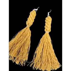 Boho Knotted Macramé Long Tassel Fringe Statement Earrings - Mustard Yellow girl jewelry