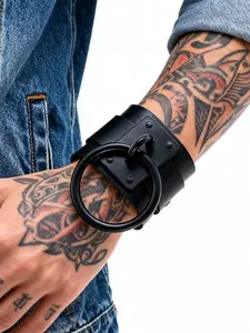 Double Layer Leather Bracelet, Fashionable Bracelet, Punk Style Metal Large Ring Wide Band, Dark Personality Jewelry, Unisex Versatile Wristband, Sweet Cool Decor