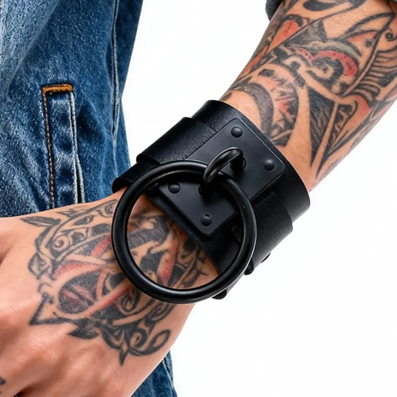 Double Layer Leather Bracelet, Double Layered Bracelets, Punk Style Metal Large Ring Wide Band, Dark Personality Jewelry, Gothic Jewelry, Unisex Versatile Wristband, Sweet Cool Decor, Stackable Bracelets