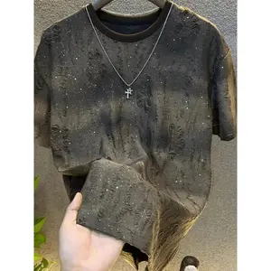 Men's Short-Sleeved T-shirt Summer Ripped Starry Sweater Gradient Loose Pullover Menswear Top Graphic Tee Streetwear Round Neck Grey