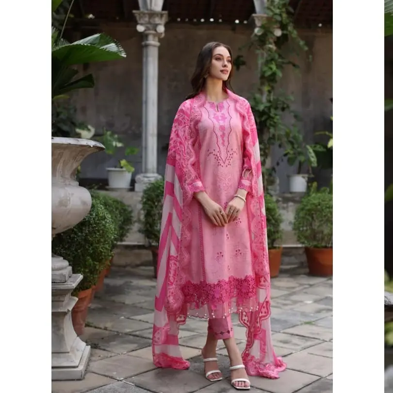 Pakistani Dress Embroidered Lawn Suit with Embroidered Chiffon Dupatta Clothes Unstitched Traditional