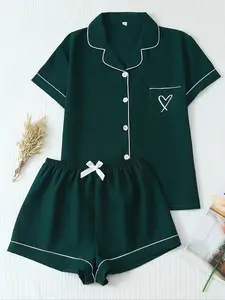 Women's Summer Pajama Set, Colorblock Short Sleeve Button-Up Top & Bow Shorts, Casual Home Wear, Woven Fabric, Fitted Style, Nightwear
