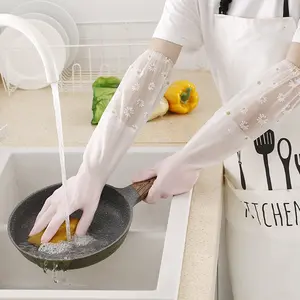 1 Pair Long Sleeved PVC Waterproof Non Slip Durable Gloves for Kitchen Dishwashing and Household Cleaning