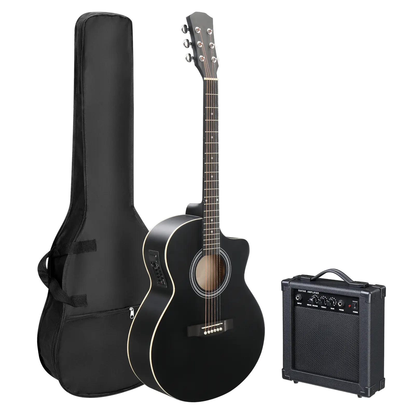 Acoustic Guitar Full Set - 41In KMA102 Basswood Panel Folk Style Instrument with Matte Edging, Black Metal Accents, 15W Amplifier, Guitar Bag, Tuner, Wrench Tool, Shoulder Strap, Versatile Musical Accessories