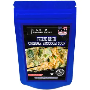 MAK D Productions - Freeze Dried Meal  - Soup - Meatless Cheddar Broccoli Soup - Gourmet Recipes by a Sullivan University (Louisville, Kentucky) Culinary Chef Graduate - NEVER BLAND TASTING - MADE IN THE USA