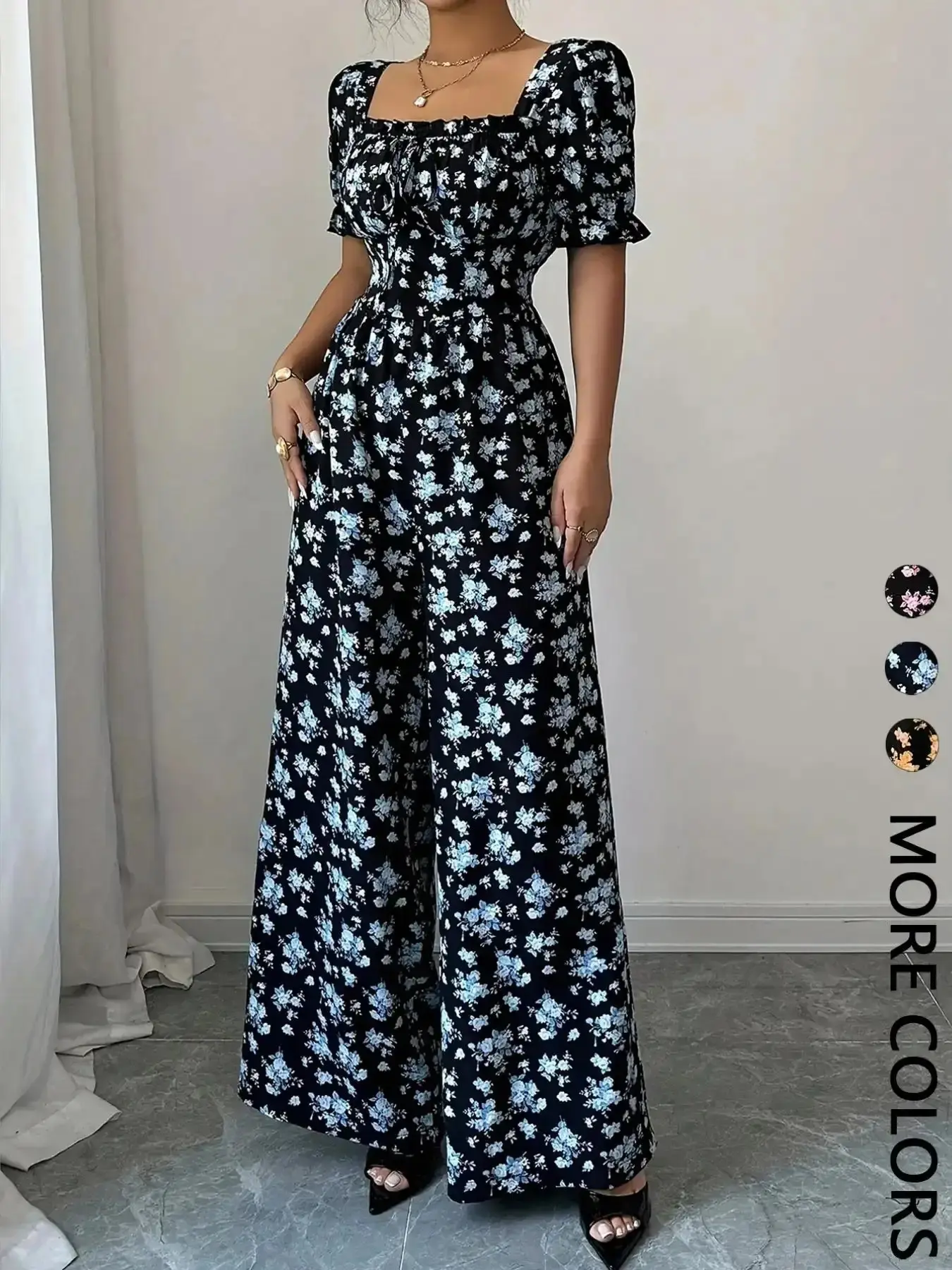 1 Piece Square Neck Puff Sleeve Floral Smocked Waist Wide Leg Jumpsuit, French Retro Vacation Romper, Everyday Essential, Classic Design, Closet Staple, Modern Classic, Easy Styling, Closet Staple, Versatile Style