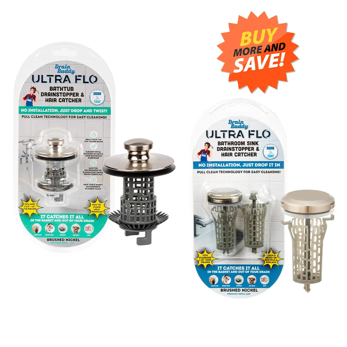 Patented No-Clog Drain Buddy Sink and Tub Bundle in Multiple Finishes - As Seen on Shark Tank