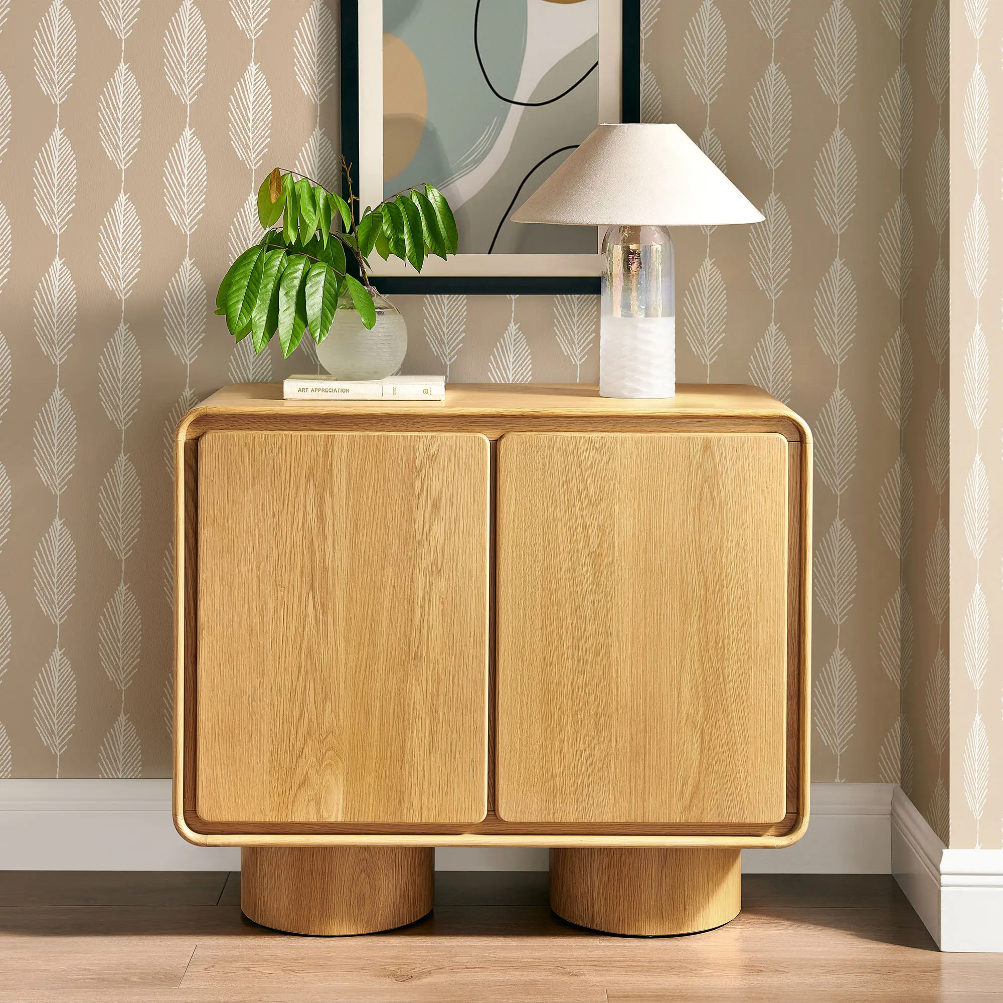 Lumo 2-Door Wood Curved Accent Cabinet in Oak