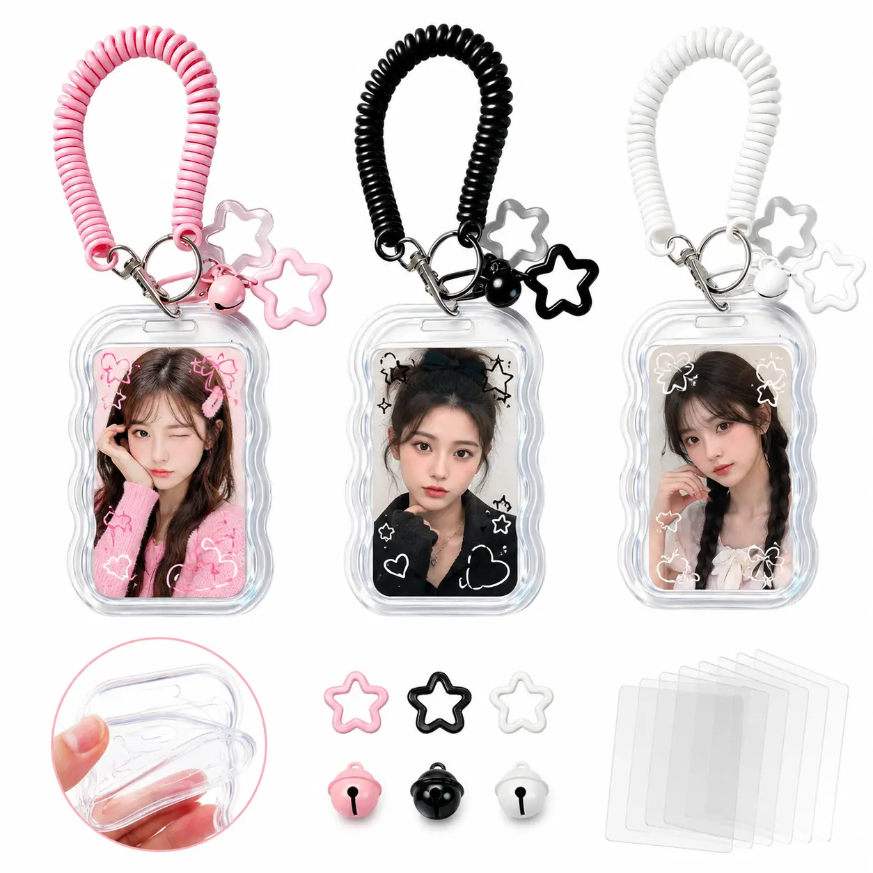 3 Pack Cute Photocard Holder Keychain Kpop Photo Card Holder, Transparent PC Holder with Star Wave Design for Bus Student Card, Creative Photo Protector Keychain (Black and White and Pink)