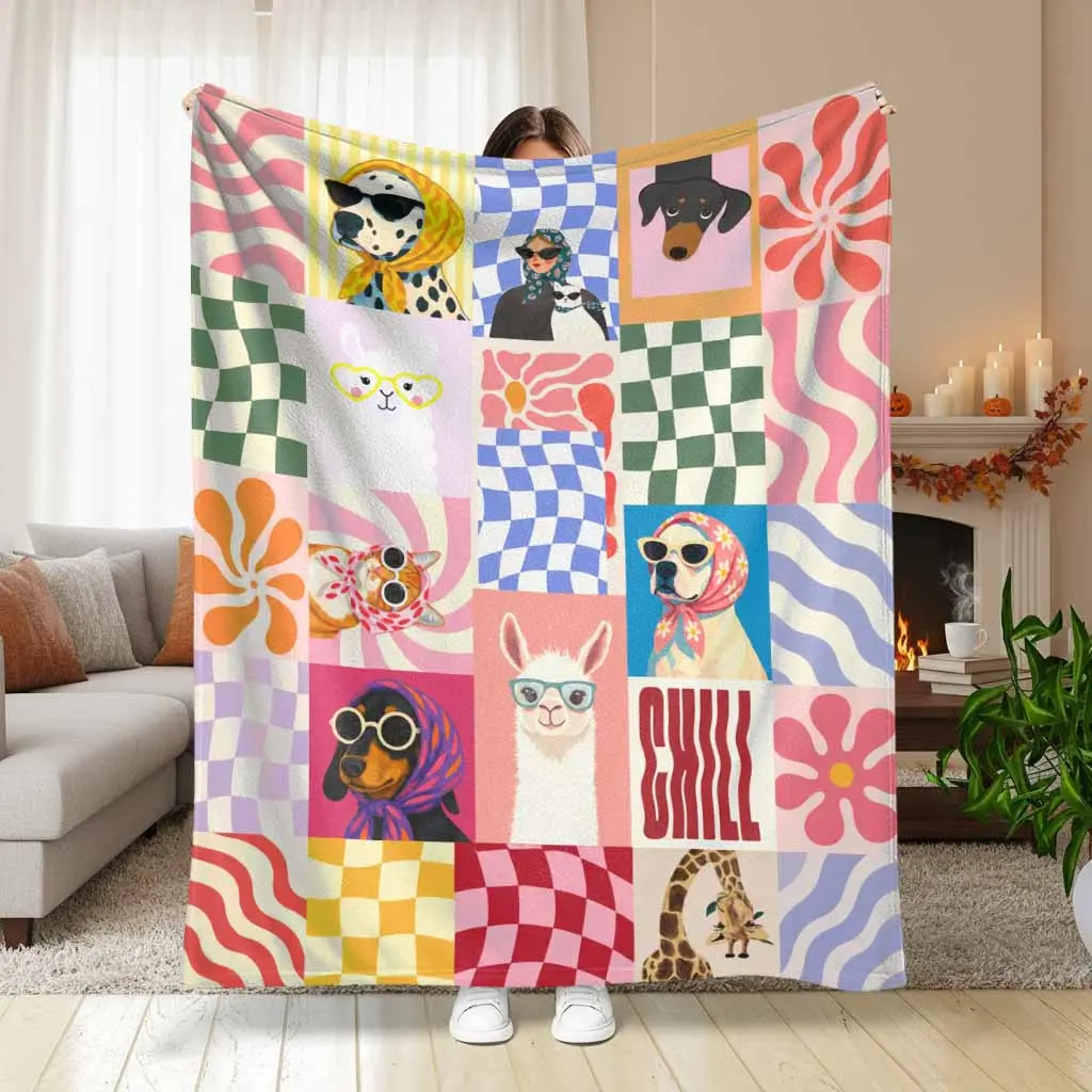 Retro Aesthetic Animals Flannel Blanket Cute Dalmatian Llama And Puppy Checkerboard Flower Print Super Soft Cozy Lightweight Warm Plush Throw For Bedroom Sofa Living Room Travel Camping Birthday Gift