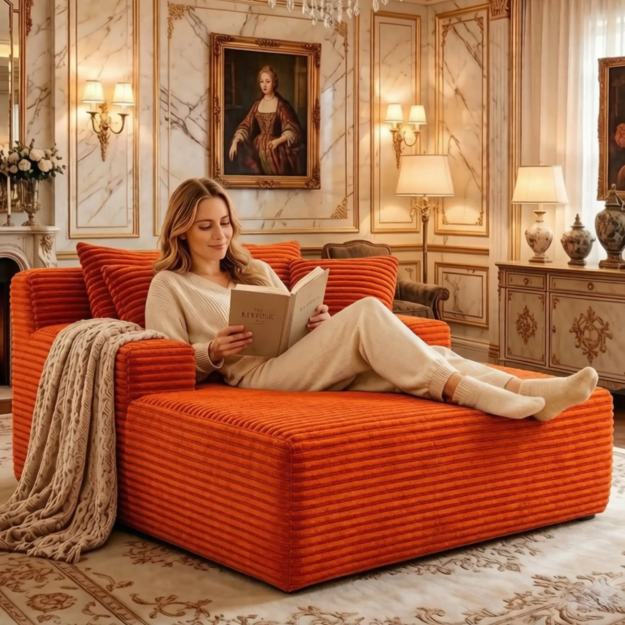 66" Indoor Chaise Lounge Chair, Oversized Corduroy Lounge Chair with Pillow, Upholstered Reading Chair with Wide Armrests, No Assembly Required Accent Chair for Living Room Bedroom (Orange)
