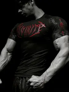 Gothic Style Men’s Compression Workout Shirt, Exoskeleton Design, Stretch Tight-Fitting Short Sleeve for Fitness Enthusiasts