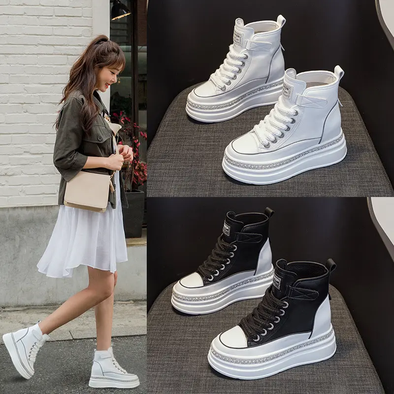 Women's Genuine Leather Sneakers 2025 Spring New Platform Shoes Versatile High Heel Thick Sole Hidden Wedge Casual Shoes Girl Footwear Trainer Runner Training Athletic Closed