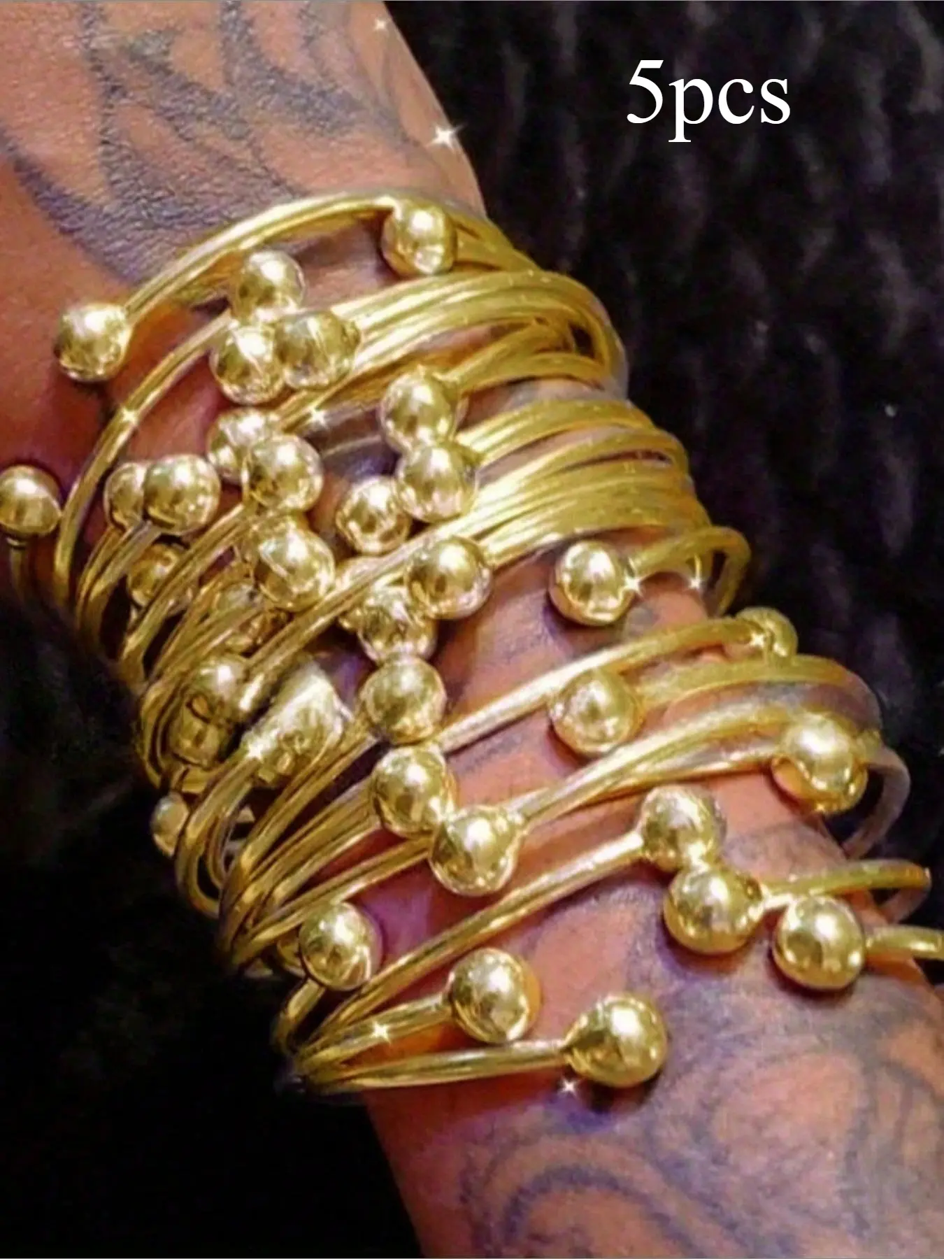 5pcs Retro Boho Thick Golden Bangles, 10mm Ball Silvery Bangles Bracelet, Boho Stacking Bangles, Handmade Silvery Bangles for Women Daily Party Jewelry Gifts, Boho Style Bracelet, Trendy Bangles, Bangle Bracelet Set, Bracelets Jewelry