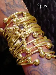 5pcs Retro Boho Thick Golden Bangles, 10mm Ball Silvery Bangles Bracelet, Boho Stacking Bangles, Handmade Silvery Bangles for Women Daily Party Jewelry Gifts Daily Vacation Gift From A Best Friend, Boho Style Bracelet, Trendy Bangles