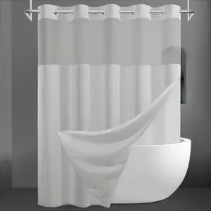 No Hook Slub Textured Shower Curtain with Snap in Liner - Grey Fabric Outer Curtain & Waterproof Inner Liner, Hotel Style with See Through Top Window, 71x74 in