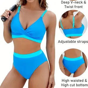 Ladies' High Waisted Sexy Slit Swimsuit High-end Conservative Bikini LNR-M021-07 Solid Color Sleeveless Adjustable Straps High Stretch Knit Fabric