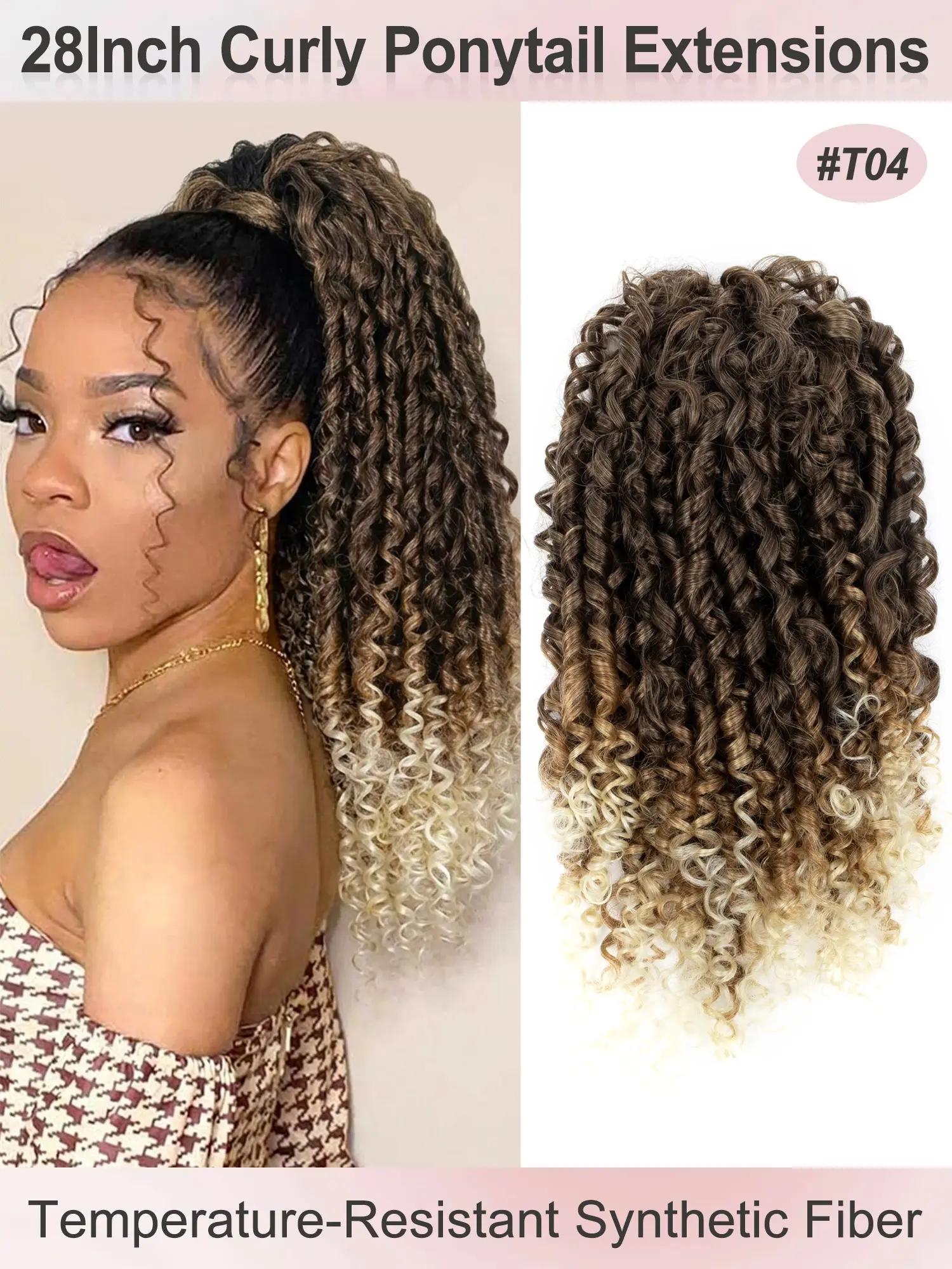 28inch Long Synthetic Ponytail Curly Wave Drawstring Ponytail Afro Curly Fluffy HairPieces Extension Heat Resistant Clip in Ponytail Wigs For Women Girl Daily Use Wavy Curly Ponytails