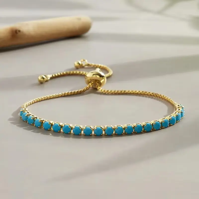 14K Gold Plated Turquoise Tennis Bracelet for Women - Dainty Adjustable Turquoise Beaded Bracelet, Trendy Boho Turquoise Jewelry Gift for Her Mom Friend