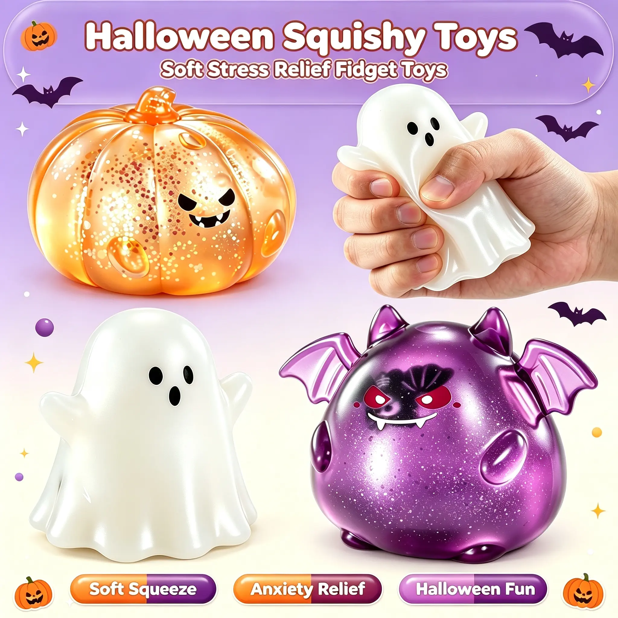 Thematic Festive BPA-Free Squishies Toys, Pumpkin & Bat Soft Squeeze Fidget Toy, Stress Relief Sensory Item for Children Halloween Party Gift