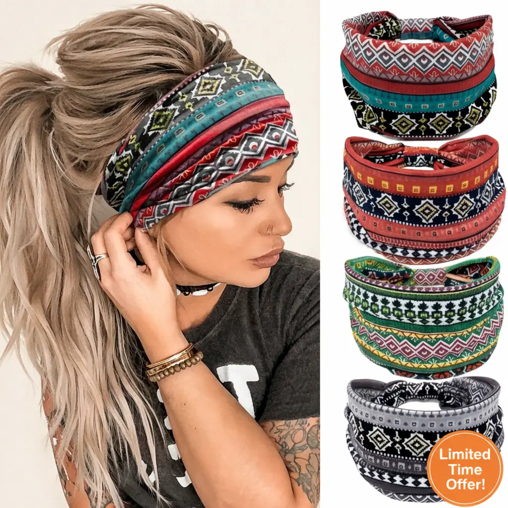 4Pcs Boho Headbands Wide Stretch Sweat Wicking Lightweight Breathable Non Slip Yoga Sports Hair Bands Vintage Print Women Headwrap Outdoor Workout Fitness