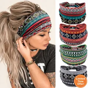 4Pcs Boho Headbands Wide Stretch Sweat Wicking Lightweight Breathable Non Slip Yoga Sports Hair Bands Vintage Print Women Headwrap Outdoor Workout Fitness
