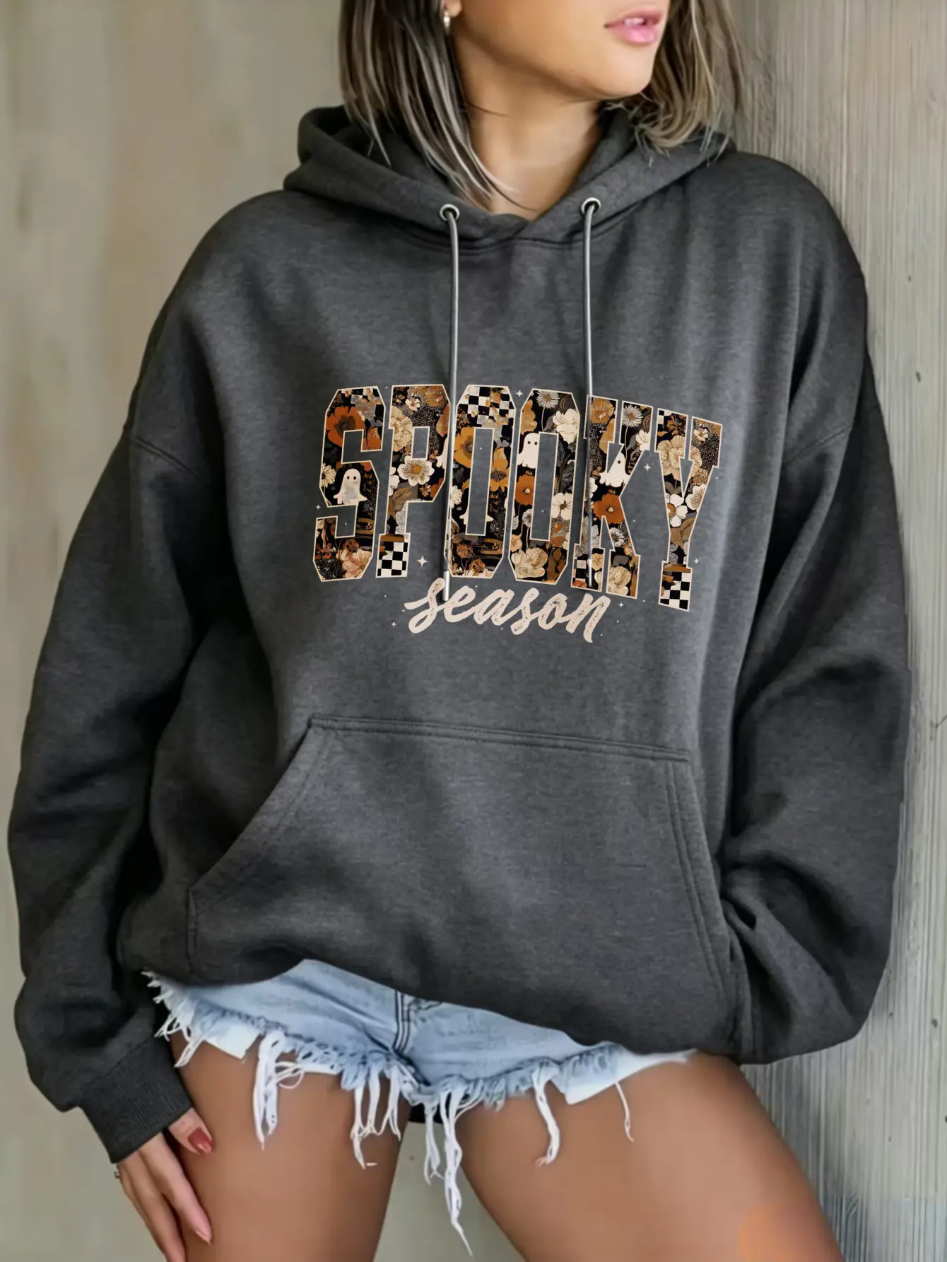 Women Spooky Season Hoodie Sweatshirt Floral Ghost Checkerboard Mixed Pattern Spooky Varsity Letter Script Season Graphic Pullover Hooded Top Halloween Fall Casual Oversized Hoodie