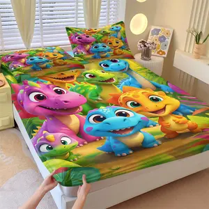 Cute Cartoon Dinosaur Fitted Sheet Set, 1 Bed Sheet & 2 Coreless Pillowcases, Bright Tropical Jungle & Chibi Dinosaur Design, Soft Anti-Slip Wrinkle-Resistant, Natural Childlike Bedroom Decor, Gift Idea
