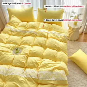3pcs lace lace solid color yellow bedding includes duvet cover and pillowcase (excluding core). The fabric is comfortable, soft, and breathable, and the duvet cover has a zipper for easy disassembly and washing, suitable for all seasons Soft Bedding Sets