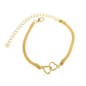 Gold Double Heart Anklet for Women, Interlocking Hearts Cuban Link Ankle Bracelet
