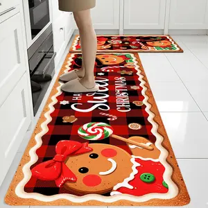 Christmas Theme Kitchen Rugs, Gingerbread Man Pattern, Vintage Scottish Plaid, Holiday Cooking & Celebration Mat, Pet Friendly Non-Slip, Checkered Rug