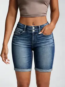 Plus Size Women's Ripped Denim Jean Shorts High Waisted Stretchy Folded Hem Bermuda Short Jeans for Casual Everyday Wear - Womenswear