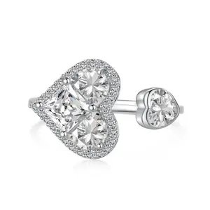 EAMTI 925 Sterling Silver Heart Rings Cubic Zirconia Engagement Rings Adjustable Opening Wedding Bands for Women