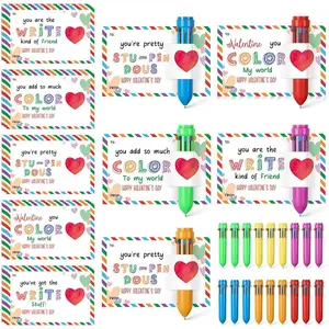 18 Set Valentines Day Card and Multicolor Pen Gift Greeting Card and Retractable Multicolored Pen for Kids School Valentine's Day Student Classroom Exchange Gift Party Favor (Multicolor,10-in-1)