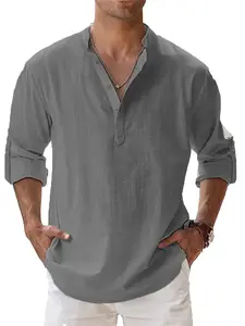 Men's long-sleeved shirt, summer solid color stand-up collar casual beach style men's top, Menswear
