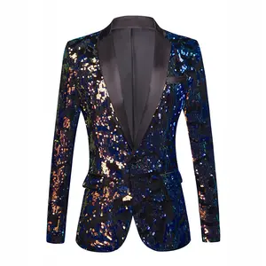 Men's Slim-Fit Shiny Sequins Long Sleeve Coat Blazer, Menswear with Pocket, Stylish Colorful Lapel Jacket for Wedding Attire & Casual Stage Events