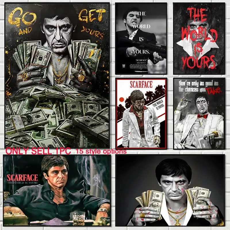 1pc Unframed Gangster Movie Scarface Posters Prints Tony Montana with Money Canvas Painting Portrait Wall Art Decoration Pictures Living Room Home Decor (15 Styles Available)