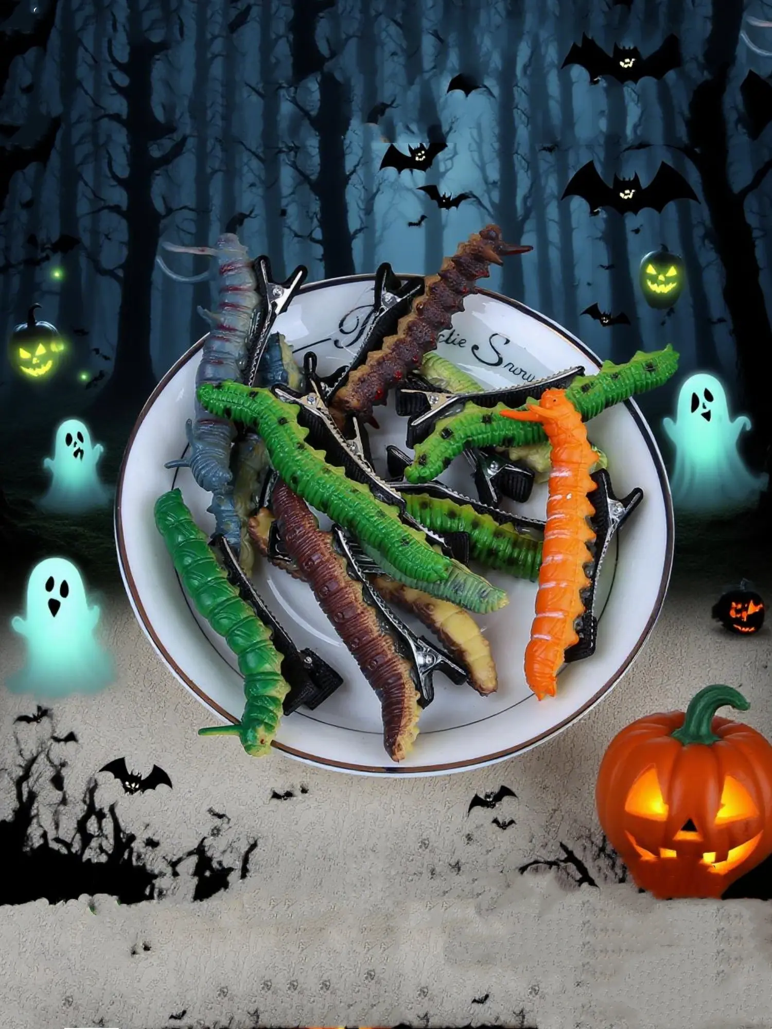 12pcs Colorful Vibrant Halloween Plastic Bug Worms Hair Clips, Kitsch Hair Clips, Fun Cartoon Party Celebration Fashion Hair Accessories for Girls, Perfect Holiday Gifts & Costume Props