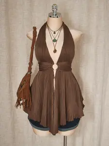 ROSY x ICON Plus Size Y2K Style Hollow Out Asymmetrical Hem Babydoll Halter Neck Knit Camisole