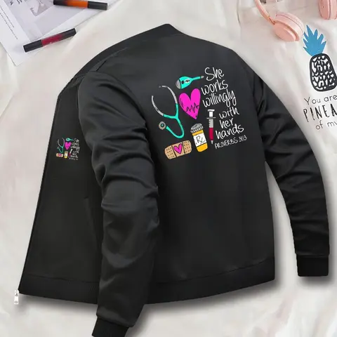 Women's Casual Zipper Knitting Jacket Coats, Long Sleeve, She Works Willingly Print, Fitted Style, All Seasons Wear, Fashionable Ladies Casual Cute Outerwear, Everyday Jackets, Aesthetics