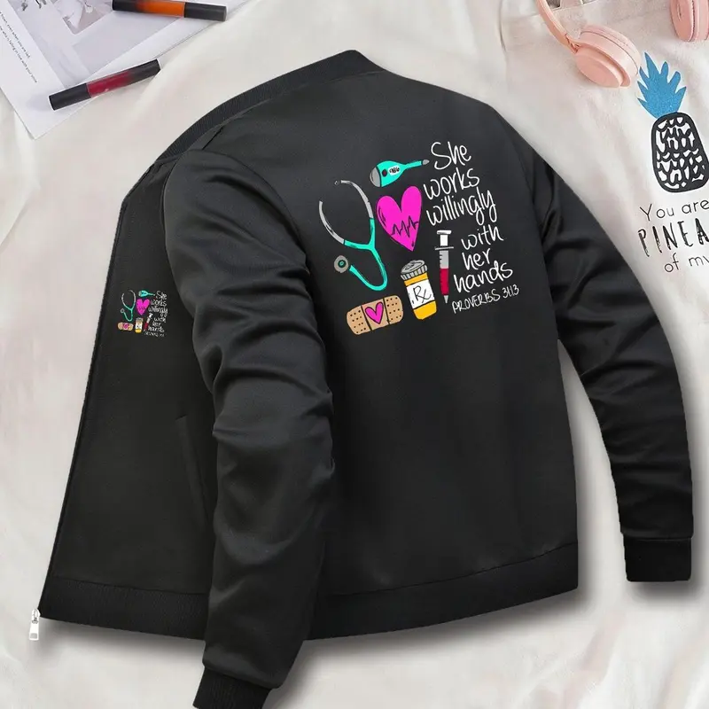 Women's Casual Zipper Knitting Jacket Coats, Long Sleeve, She Works Willingly Print, Fitted Style, All Seasons Wear, Fashionable Ladies Casual Cute Outerwear, Everyday Jackets, Aesthetics