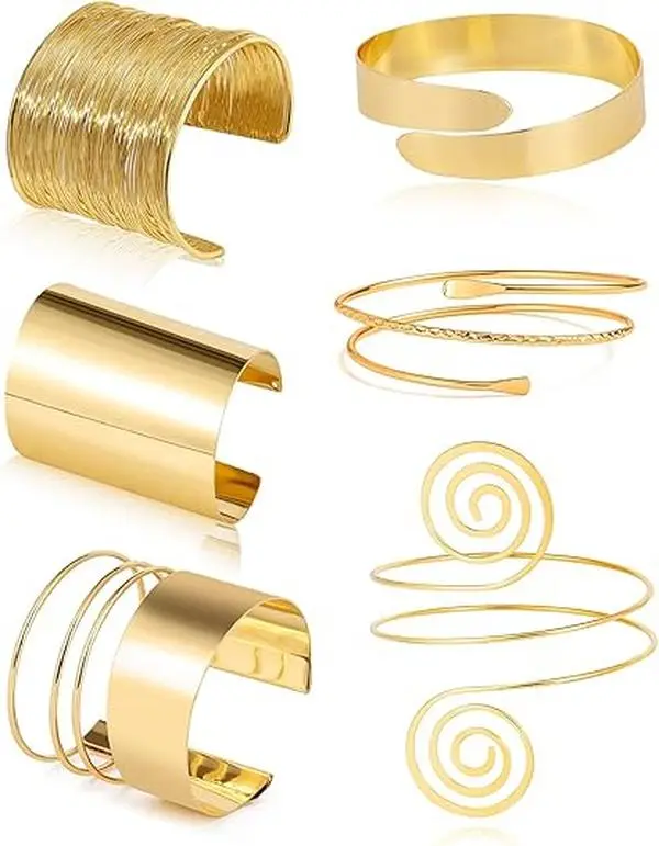Women's 6-Piece Arm Cuff Bracelet Bundle – Fashion Bracelet with Adjustable Elegant Minimalist Open Wire Swirl Wave Hammered Cuff Bangles, Gold/Silver Finish Jewelry for Party, Daily Wear