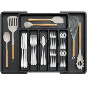 Lifewit 7/8 Compartments Expandable Silverware Drawer Organizer for Kitchen Drawers - Tableware, BPA-Free PP Material Boxes Utensil Adjustable Storage Black