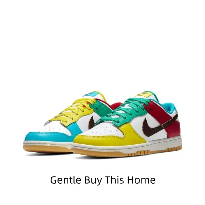 Men’s low casual skate shoes, asymmetrical mismatched multi-color block design, shiny full-grain leather, vintage tan gum outsole, daily playful trend sneakers.