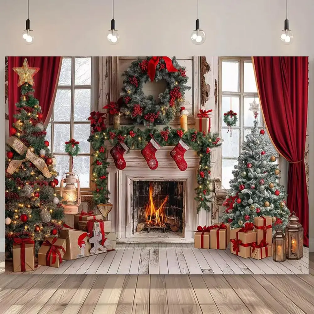 1pc 2D Flat Christmas Holiday Backdrop Polyester | Winter Fireplace Christmas Tree Decor Scene for Party Decoration | No-Electricity Festive Banner for Portrait Photography & Birthday Celebrations | White Ornaments